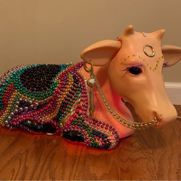 Cow Lamp Nighlight Mardi Gras Beads on Nativity Cow Asheville North Carolina